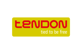 Logotyp czeskiego producenta lin. Czerwony napis tendon jest wpisany w zgniło zielony prostokąt z zaokrąglonymi rogami. W prawym dolnym rogu napis w języku angielskim "tied to be free" tzn. w wolnym tłumaczeniu "związany z wolnością"