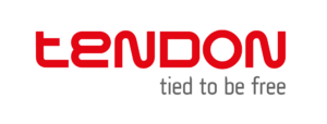 Logo czeskiego producenta lin firmy Tendon. Logo na białym tle składa się z czerwonego napisu TENDON u dołu z szarym dopiskem w języku angielskim "Tied to be free" co onacza "związany z wolnością", "związany by być wolnym".