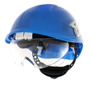Niebieski kask przemysłowy Montana Protekt od przodu z zamontowanymi okularami ochronnymi
