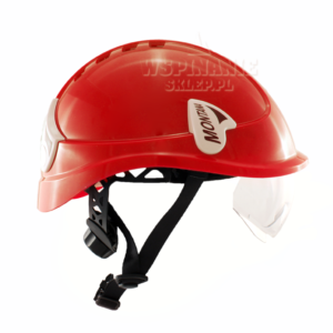 Czerwony kask do pracy na wysokości Protekt pokazany od boku z zamontowanymi okularami ochronnymi