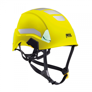 żółty kask z paskami odblaskowymi i elementami fluorescencyjnymi Strato Petzl