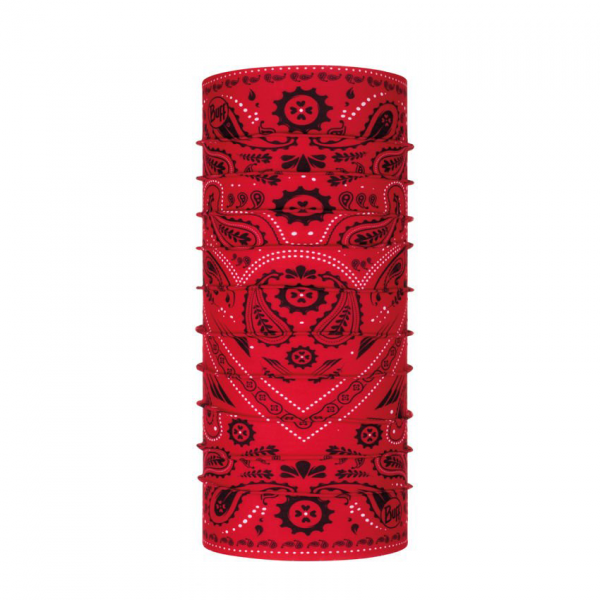 czerwona chusta komin Buff w czarno - białe wzorki kojarzone z bandanami