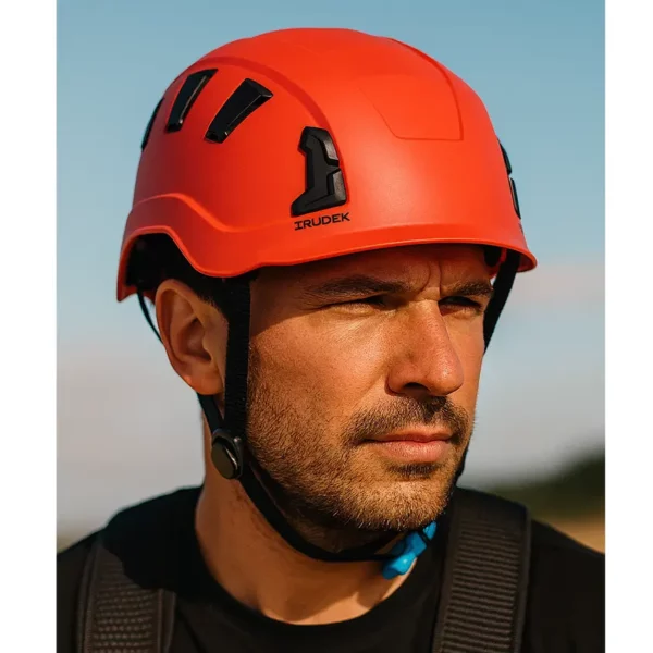 pracownik wysokościowy w czerwonym kasku Irudek Oreka II