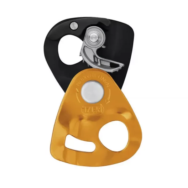 Bloczek Petzl Nano Traxion z widoczną zapadką blokującą i rolką