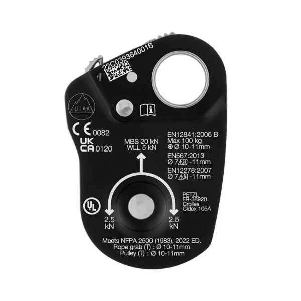 Tył bloczka Mini Traxion Petzl z nadrukowanymi oznaczeniami norm i parametrów