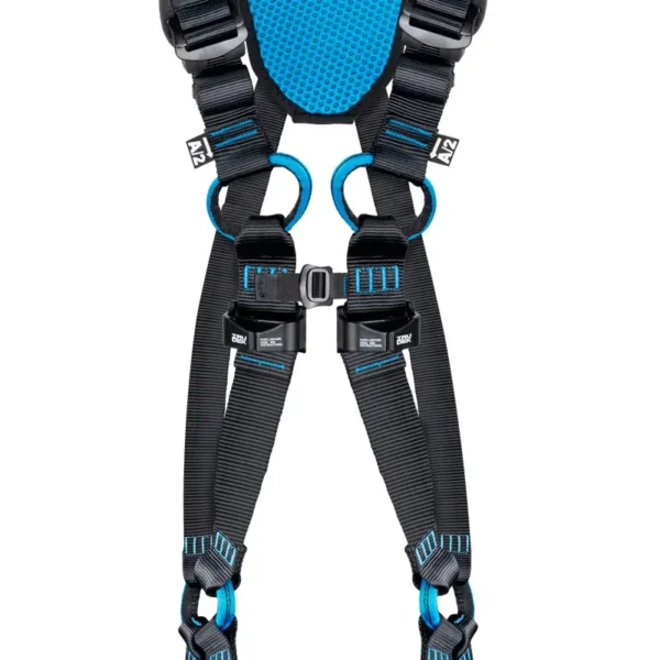 Zbliżenie na przedni punkt zaczepowy A/2 szelek bezpieczeństwa Irudek Wind 1 z klamrami automatycznymi