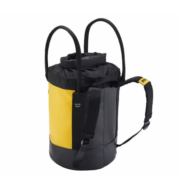 Worek transportowy Petzl BUCKET 30 w kolorze żółto-czarnym z uchwytami i szelkami do noszenia.