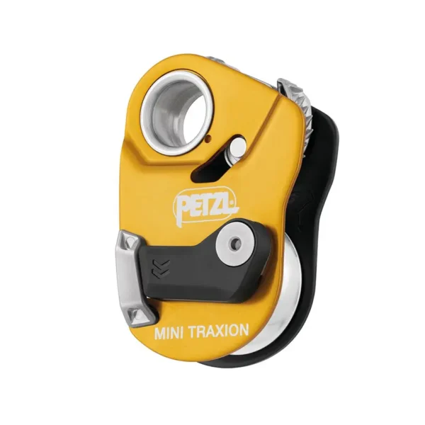 Bloczek Mini Traxion Petzl w pozycji zamkniętej – widok z przodu