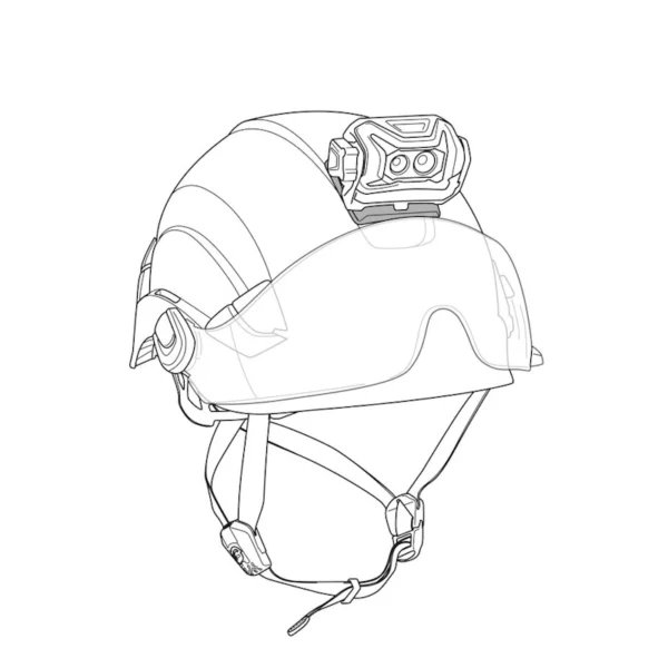 Ilustracja kasku Petzl Vertex z zamontowaną latarką czołową przy użyciu płytki mocującej Helmet Adapt