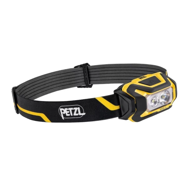 Latarka czołowa Petzl Aria 2 – widok z boku, żółto-czarna