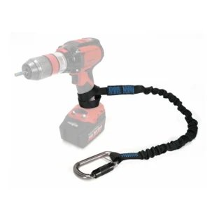 Elastyczna linka narzędziowa Rothoblaas TGCL35 z karabinkiem do zabezpieczania ciężkich elektronarzędzi.