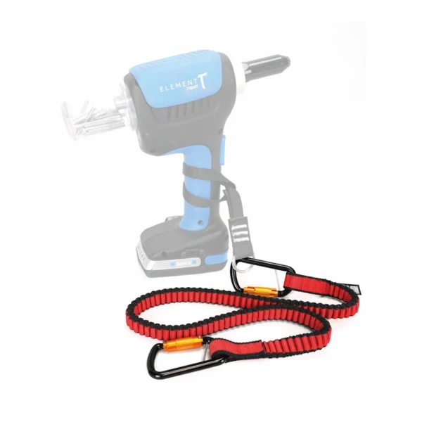 Elastyczna linka narzędziowa Rothoblaas TGCC20 z dwoma karabinkami do zabezpieczania elektronarzędzi.