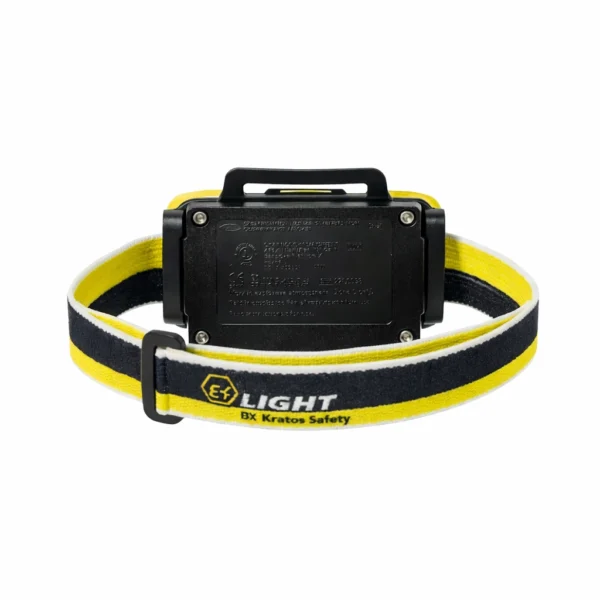 Tył przemysłowej latarki czołowej ATEX Kratos Safety NEWTON X-0 z komorą baterii 3×AAA i regulowaną opaską EX