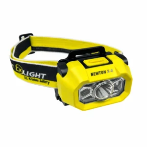 Przemysłowa latarka czołowa ATEX Kratos Safety NEWTON X-0, widok skośny, certyfikat EX Strefa 0