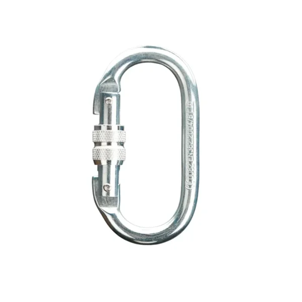 Karabinek stalowy zakręcany HOATER HT-R02 o owalnym kształcie i zamku typu Screw Lock.